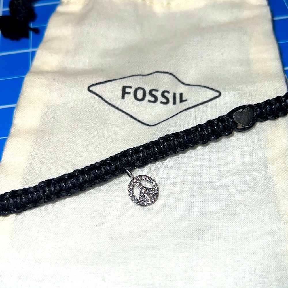 New handmade Fossil Black Braided Bracelet with Silver “peace” Charm